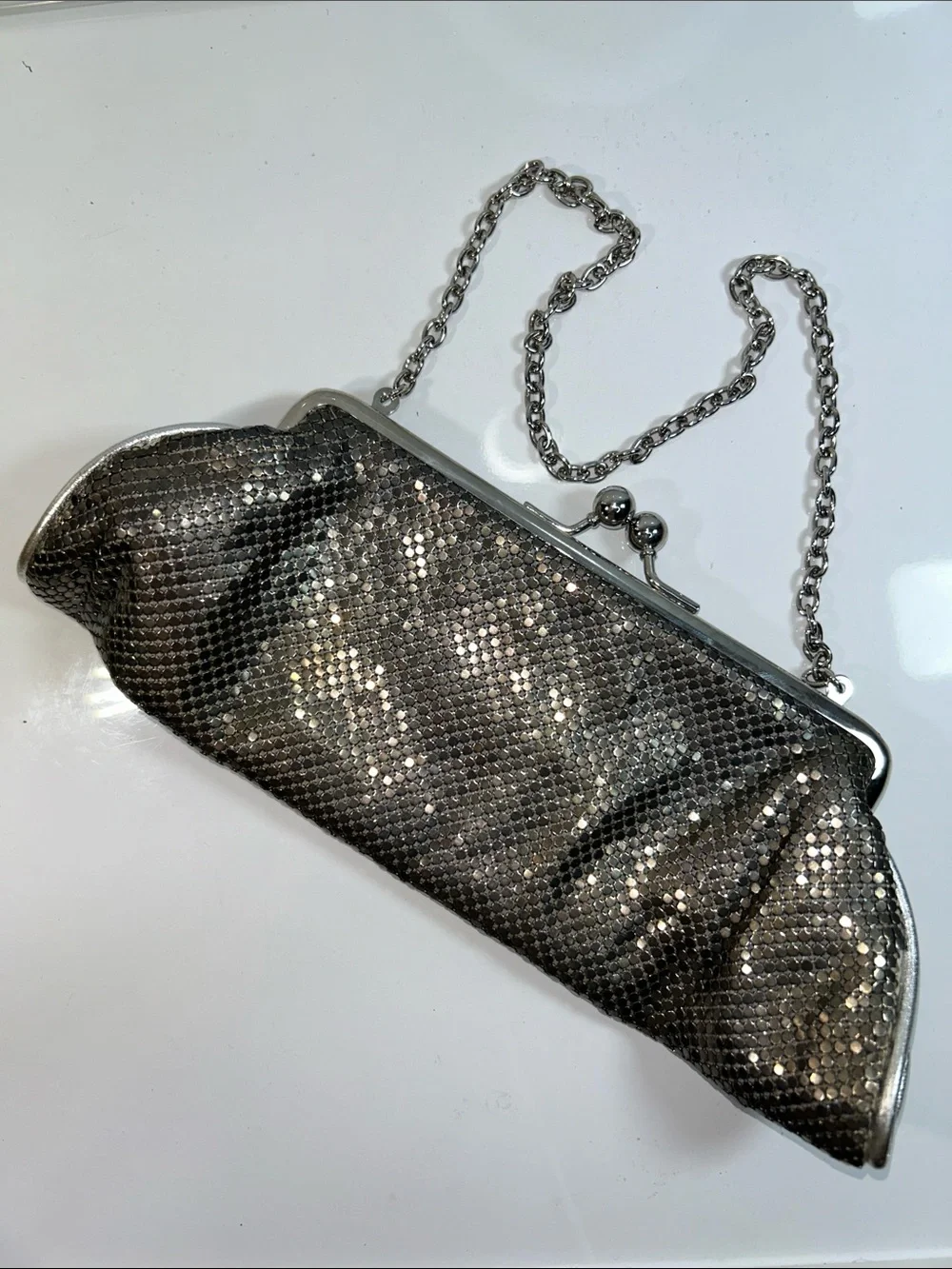 Vintage Whiting & Davis Metallic Silver Tone Mesh Evening Clutch W/ Chain Strap